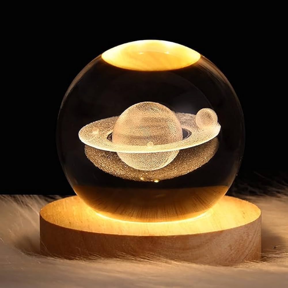 3D Engraved Crystal Ball Lamp – Saturn Planet